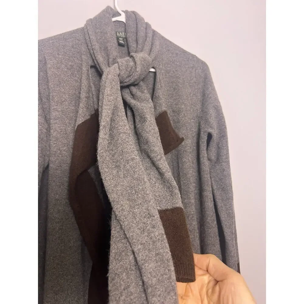 LRL WOMENS Wool Cashmere Open Front Cardigan Tie Gray Brown Sz S Long